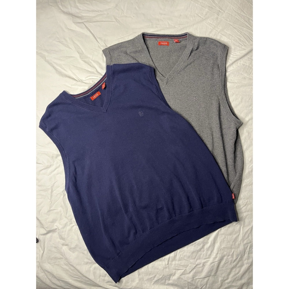 Izod Sweater Vest Lot Of 2 Men's XXL 2XL Gray & Blue Sleeveless Preppy